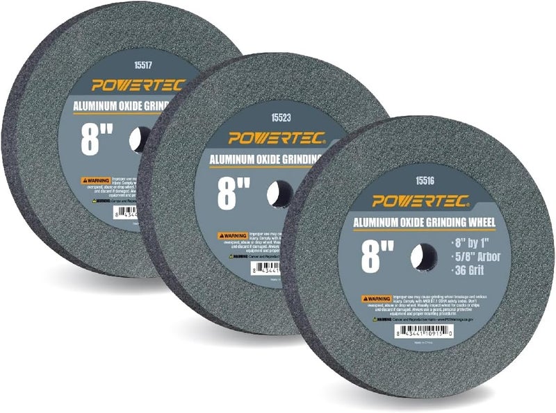 POWERTEC Bench Grinder Wheel 8 Inch White 36/60/150 Grit, Aluminum Oxide Grinding Wheel for Bench and Pedestal Grinder, 1" Thick 5/8" Arbor, Sharpening & Shaping Drill Bits, Blade, Chisel, 3PK (15538) - Image 1